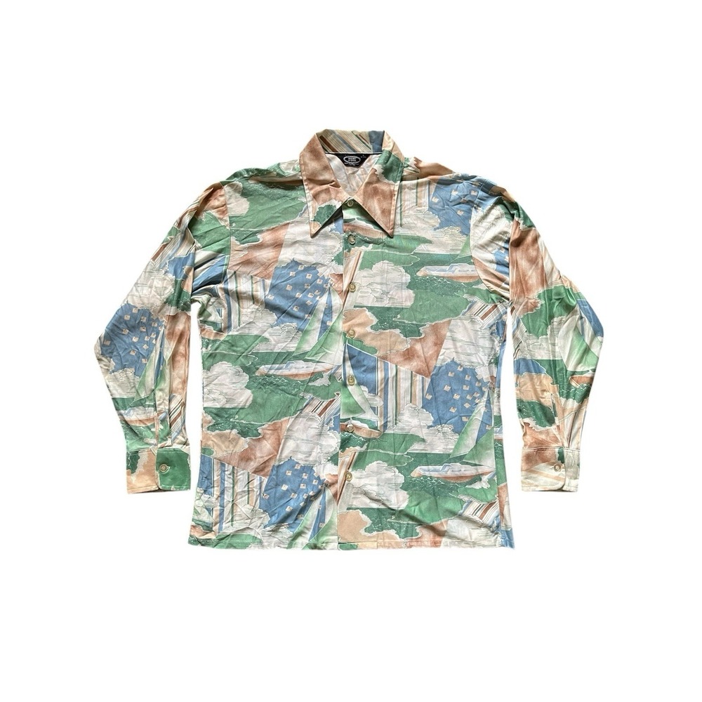 Vintage‎ Nylon Silk Abstract All-Over Boat Large Long Sleeve Button Shirt